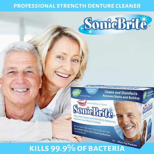 SonicBrite: Cleaning Powder for Dentures, Retainers, Night Guards, Aligners, and More — 6 Month Mint avored Cleaner Supply — Powerful Formula Removes Stains and Plaque