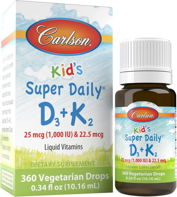 Carlson - Kid's Super Daily D3+K2, 25 mcg (1,000 IU) D3 & 22.5 mcg K2, Vitamin D Drops with Vitamin K2, Liq Vitamins, 1000 IU Vitamin D3, Heart & Bone Health, 1-Year Supply, Unavored, 360 Drops