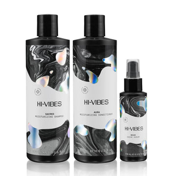 HI-VIBES Ritual Collection Sacred Shampoo & Aura Conditioner with Beam Shine Serum. VEGAN, Sulfate & Paraben free. Pack of 3 Infused with Green Tea extract, Argan oil & Maracuja Oil