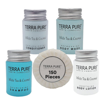 Terra Pure White Tea and Coconut Hotel Soaps and Toiletries Bulk Set | 1-Shoppe All-In-Kit for Hotels | 1 Shampoo & Conditioner, Body Wash, Lotion & 1.25 Bar Soap | Travel Size Toiletries 150 Pieces