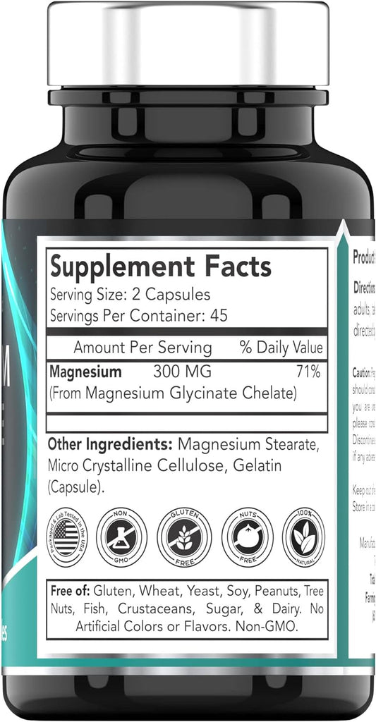 Chelated Magnesium Glycinate Capsules (300 MG x 90 Count) for Women & Men | AKA Magnesium Bisglycinate | Highly Absorbab