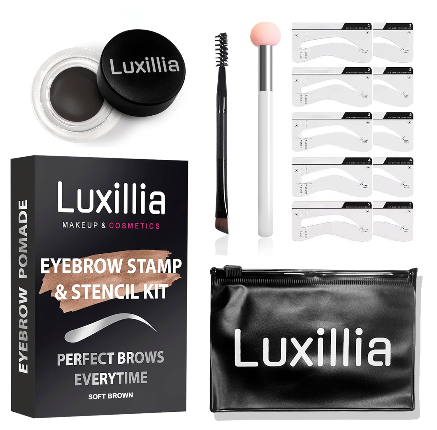 Luxillia Eyebrow Stamp Stencil Kit Pomade, Perfect Instant Brows Every Time, Adjustable for all Eyebrow Shapes, Waterproof and Sweatproof, Reusable & Super Easy To Use (NEARLY BLACK)