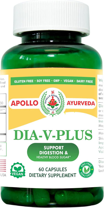 Apollo Ayurveda Dia V Plus Blood Glucose and Digestion Support Supplement | Karela (Bitter Melon), Cinnamon, Neelkanthi