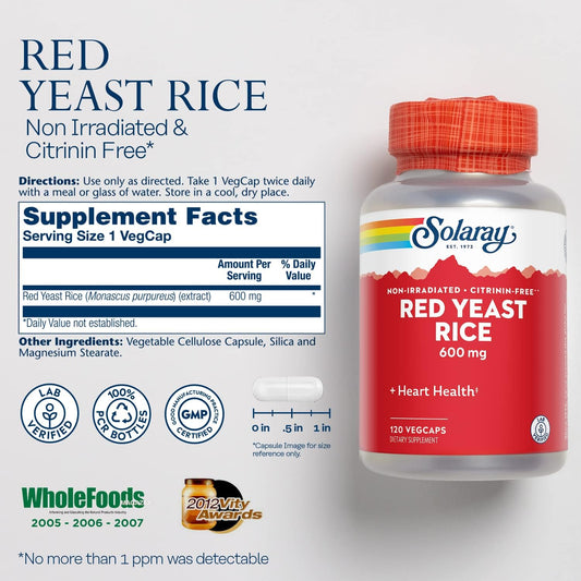 SOLARAY Red Yeast Rice 600mg System Support, Non-Irradiated & No Citri