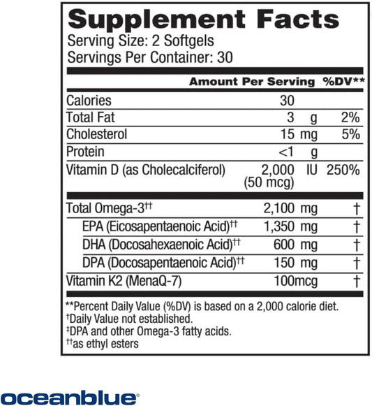 Oceanblue Professional Omega-3 2100 with Vitamin K2 and Vitamin D3-60 Count - Triple Strength Burpless Fish Oil Omega-3