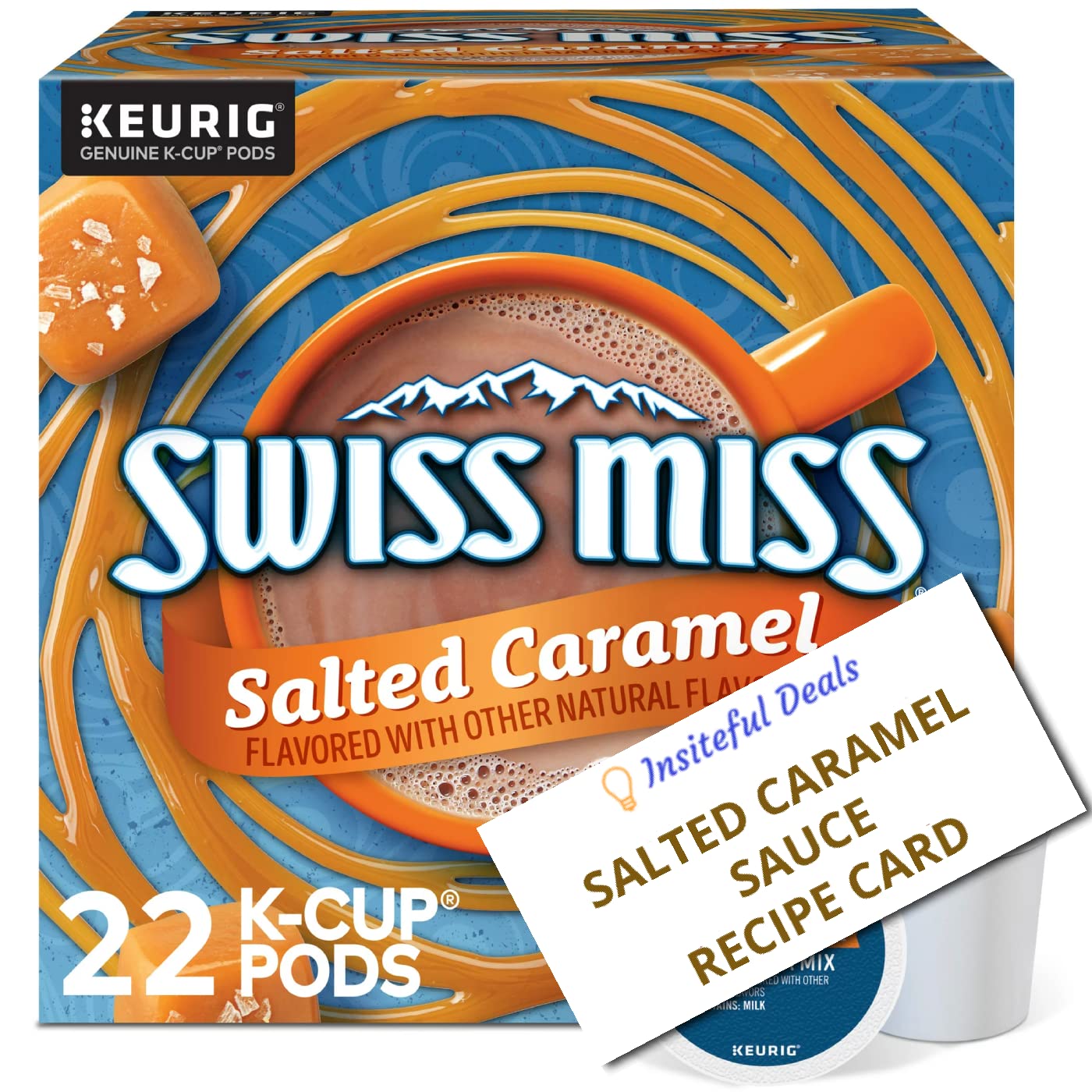 Swiss Miss Salted Caramel Hot Chocolate K Cups & Salted Caramel Sauce Recipe Card Bundle - Single-Serve Hot Cocoa KCups for Keurig Brewers - 1 box 22 Count (ct) Pods and Recipe Card Exclusively from Insiteful Deals