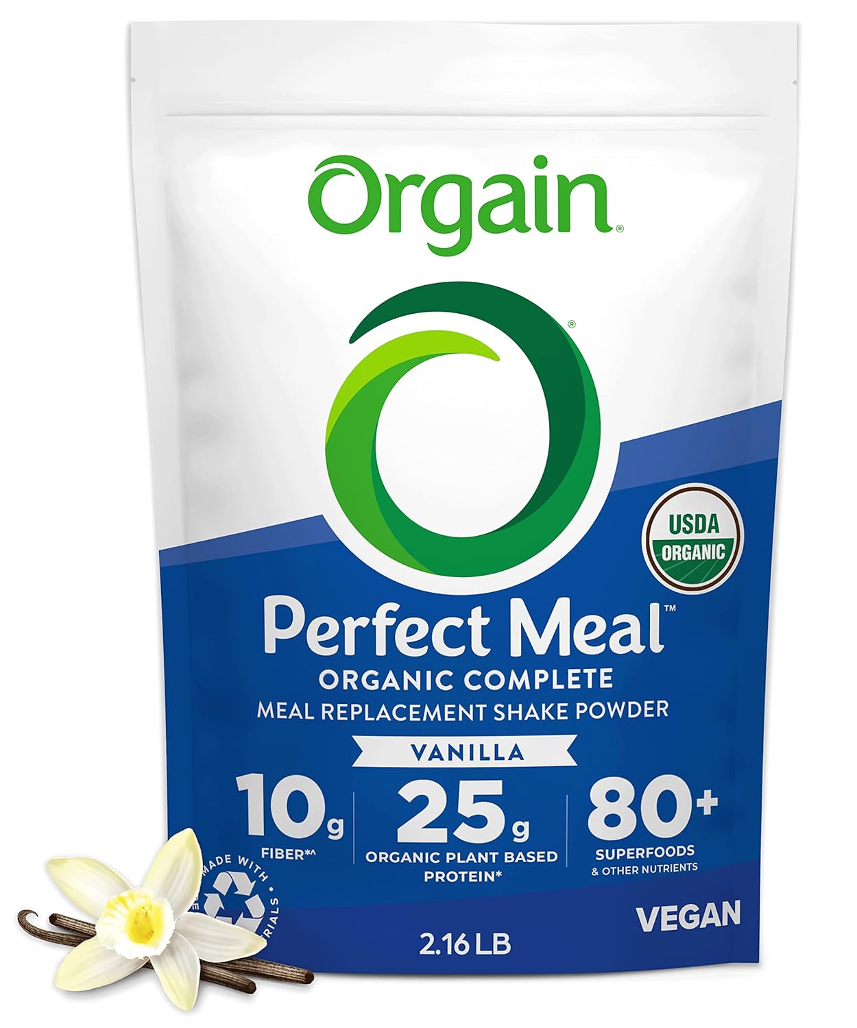 Orgain Organic Perfect Meal Replacement Protein Powder, Vanilla - 25g Plant Based Protein, 80+ Superfoods, Probiotics &