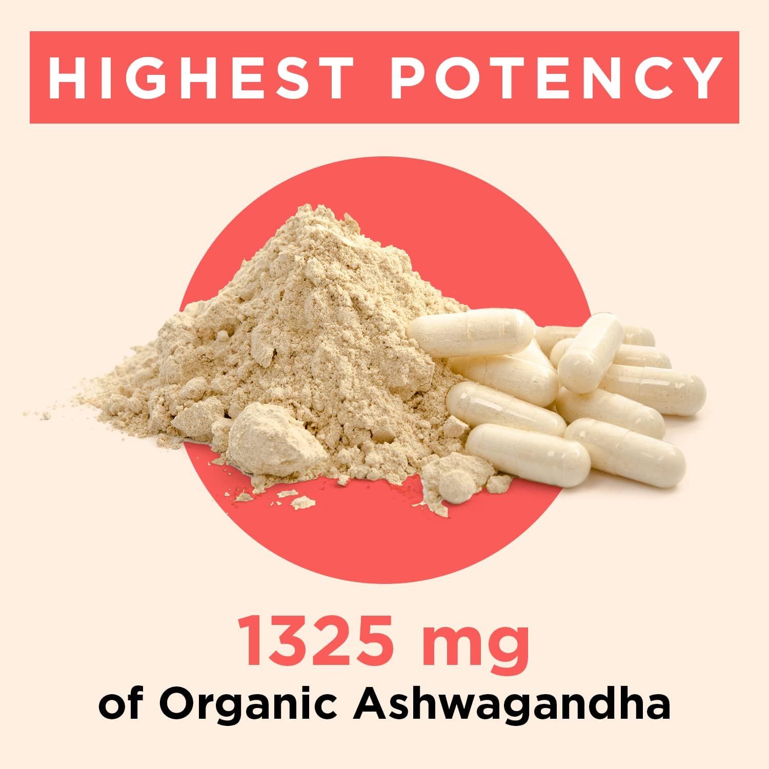 Organic Ashwagandha 1325mg. Pure Ashwagandha Root with Black Pepper & 