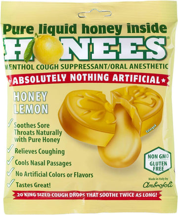 Honees Honey Lemon Cough Drops - 20-Piece, Single Pack Honey-Filled Lozenges | Temporary Relief from Cough | Soothes Sor