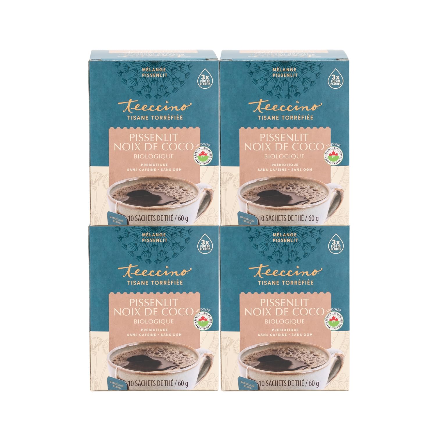 Teeccino Dandelion Root Tea – Coconut – Caffeine Free, Roasted Herbal Tea with Prebiotics, 3x More Herbs than Regular Tea Bags, Gluten Free - 10 Tea Bags (Pack of 4)