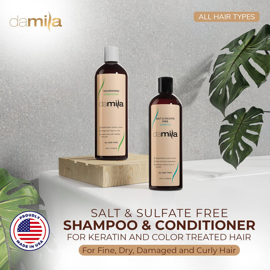 Damila Salt & Sulfate Free Shampoo & Conditioner for Keratin and Color Treated Hair - Professional Keratin Value Pack for Damaged, Frizzy, Curly, Dry & Thin Hair - Shampoo Sin Sal - 16.9