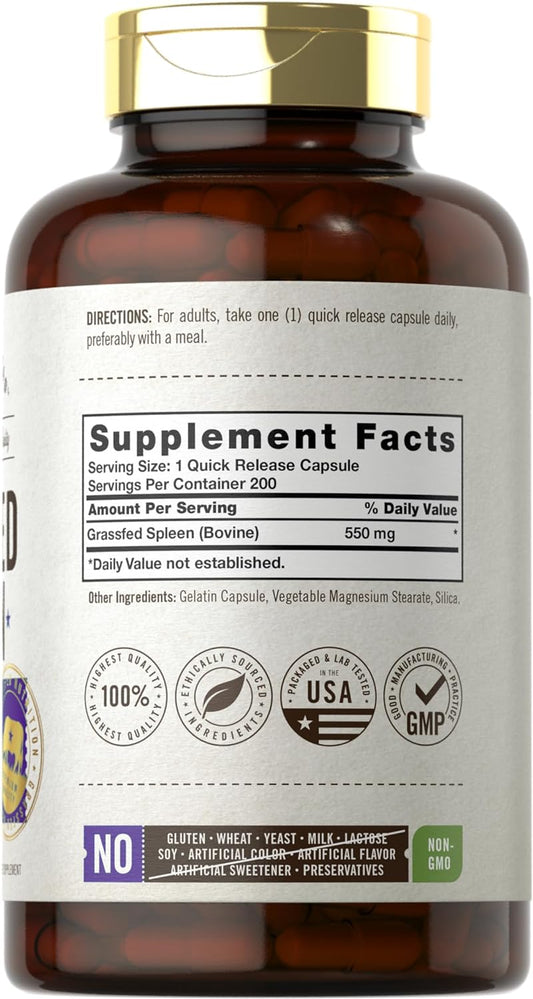 Grass Fed Beef Spleen 550mg | 200 Capsules | Desiccated Pasture Raised