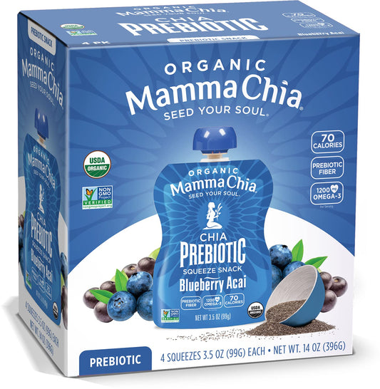 Mamma Chia Organic Prebiotic Squeeze Snack, Blueberry Acai, Fiber-Rich Prebiotic Gut Support,USDA Organic, Non-GMO, Vega
