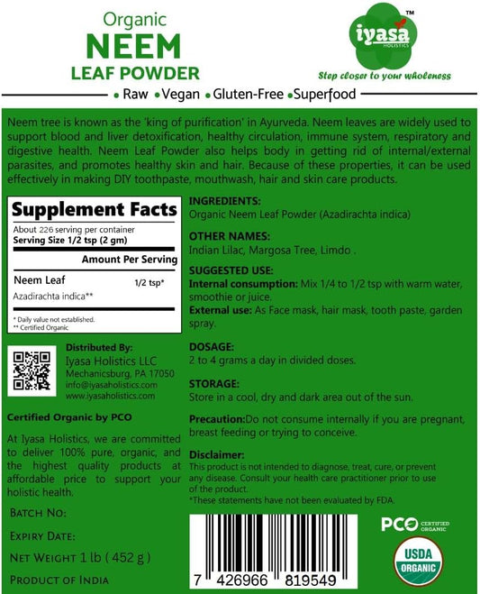 Iyasa Holistics Organic Neem Powder Ayurveda herb and superfood, Suppo