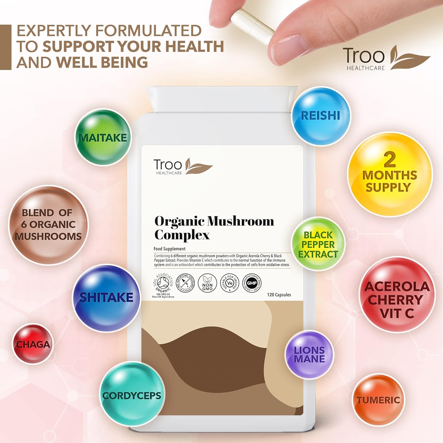 Organic Mushroom Complex 120 Capsules - 6 Shrooms with Organic Acerola