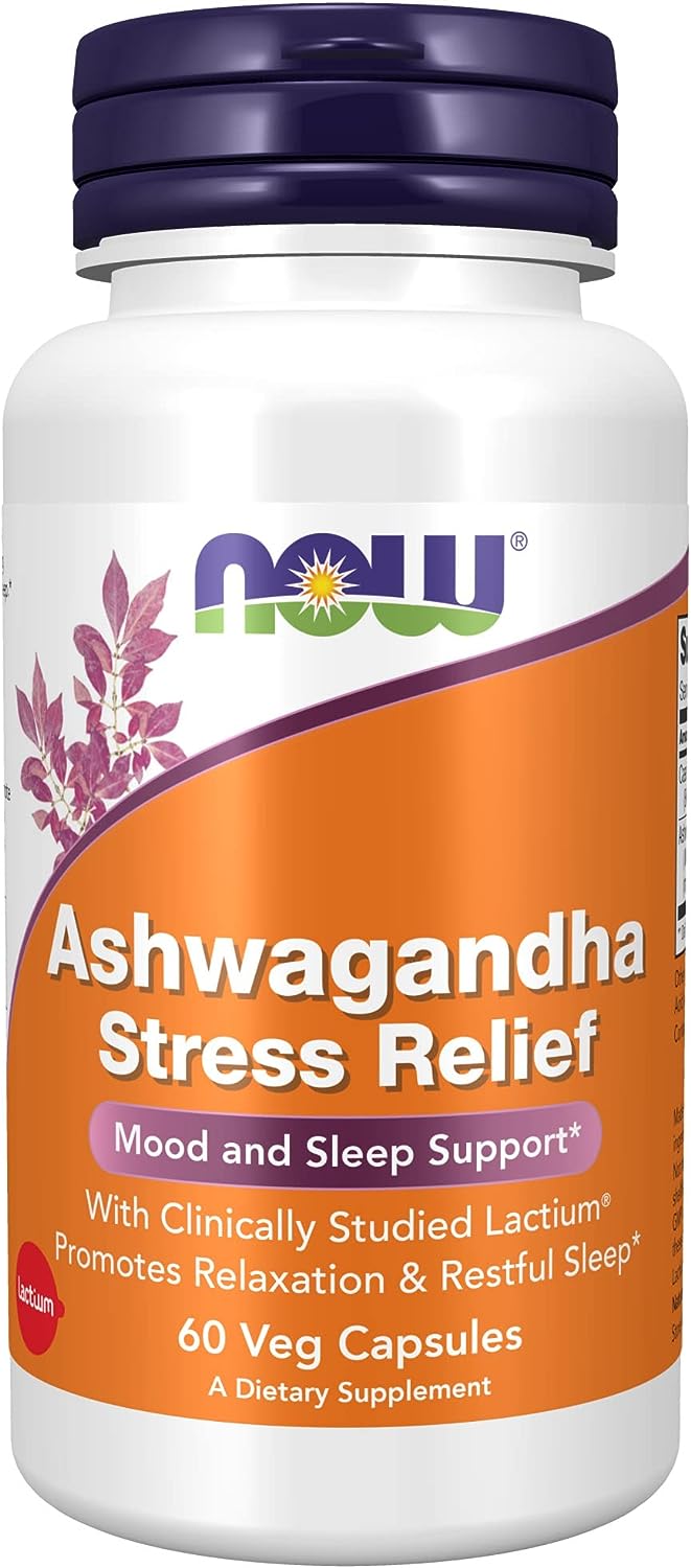 NOW Supplements, Ashwagandha Stress Relief, Mood and Sleep Suppor*, with clinically Studied Lactium?, Promotes Relaxation and restful Sleep*, 60 Veg Capsules