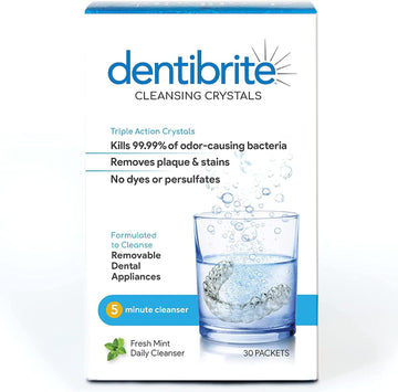 Dentibrite Crystals Cleaner for Removable Dental Appliances - Invisalign Aligners, Retainers, Guards, Dentures, Trays/Aligners - Odor Remover - No Persulfates or Dyes - 30ct - Made in USA