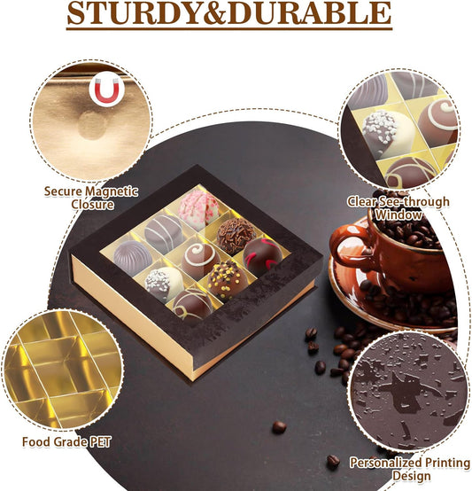 Chocolate Boxes Packaging Empty, Truffle Boxes with Dividers, Chocolate Gift Box with Window and Magnetic Closure for Ha