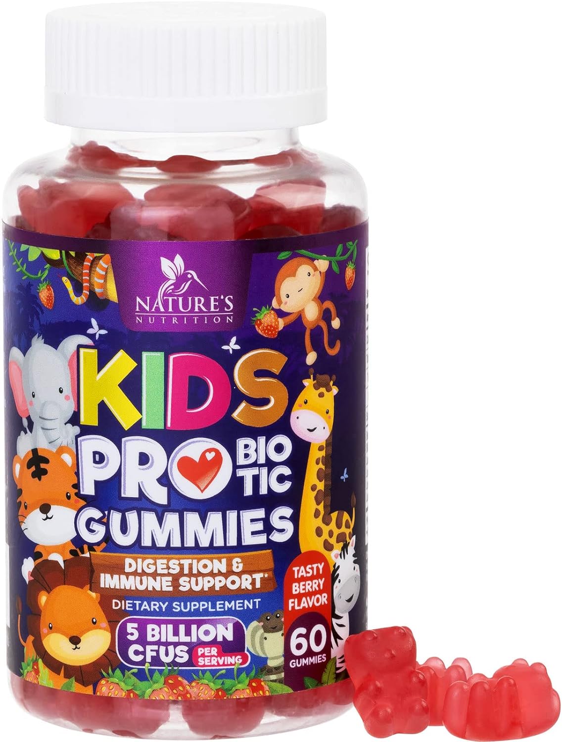 Kids Probiotic Gummies - Chewable Daily Probiotics For Kids Ages 3+ - Natural Digestive Health & Immune Support Vitamin - Vegan, Gluten Soy & Dairy Free, Berry Flavored, Shelf Stable - 60 Gummies