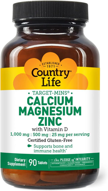 Country Life Target Mins Calcium-Magnesium Zinc with Vitamin D, 1000mg/500mg/25mg 90 Count, Certified Gluten Free, Certi