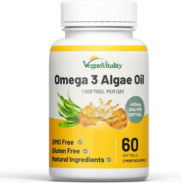 Vegan Vitality Vegan Omega 3 Supplement - 60 Plant Based Algae Omega 3 Oil Soft Gels Essential Fatty Acids with Vegan DH