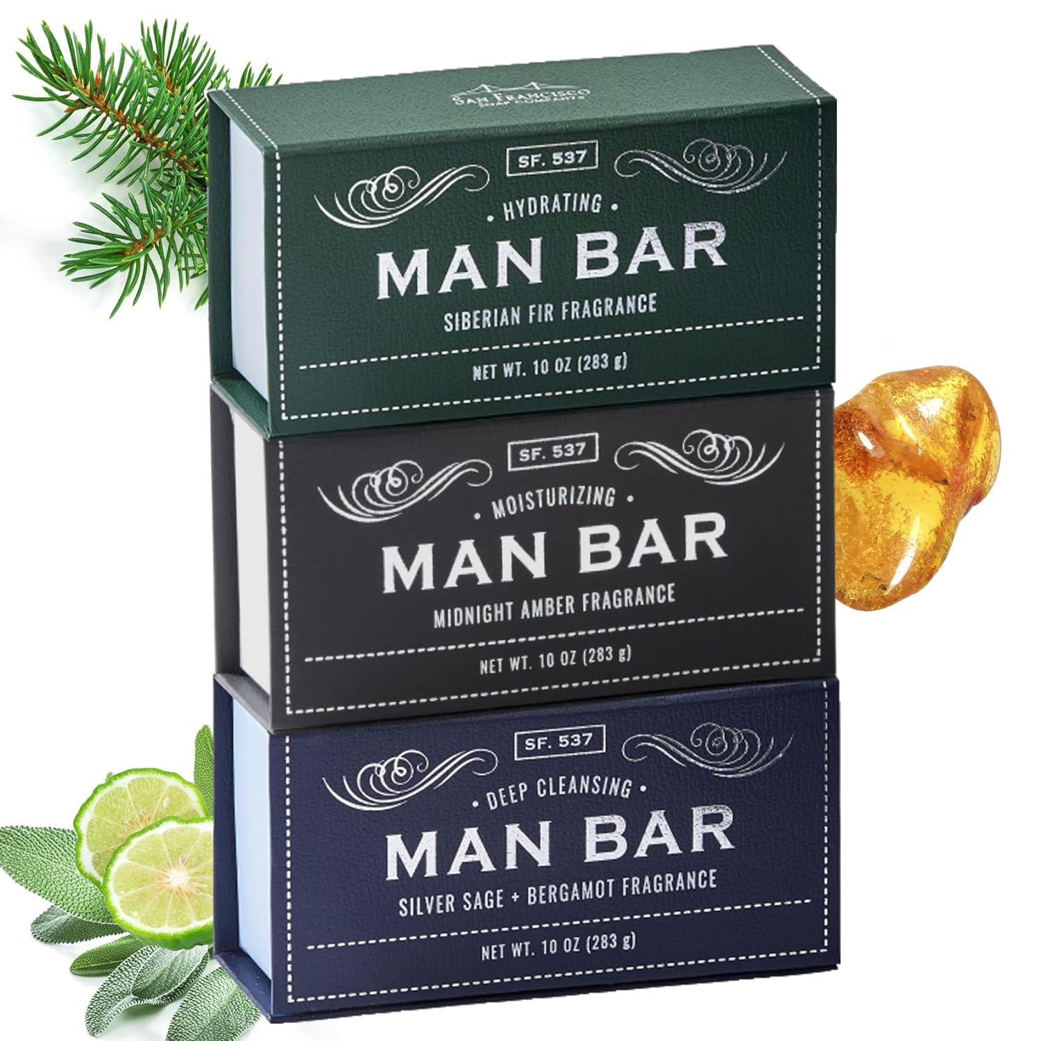 San Francisco Soap Company Man Bar 3-Piece Gift Set, 10  (Siberian Fir, Midnight Amber, Bergamot)