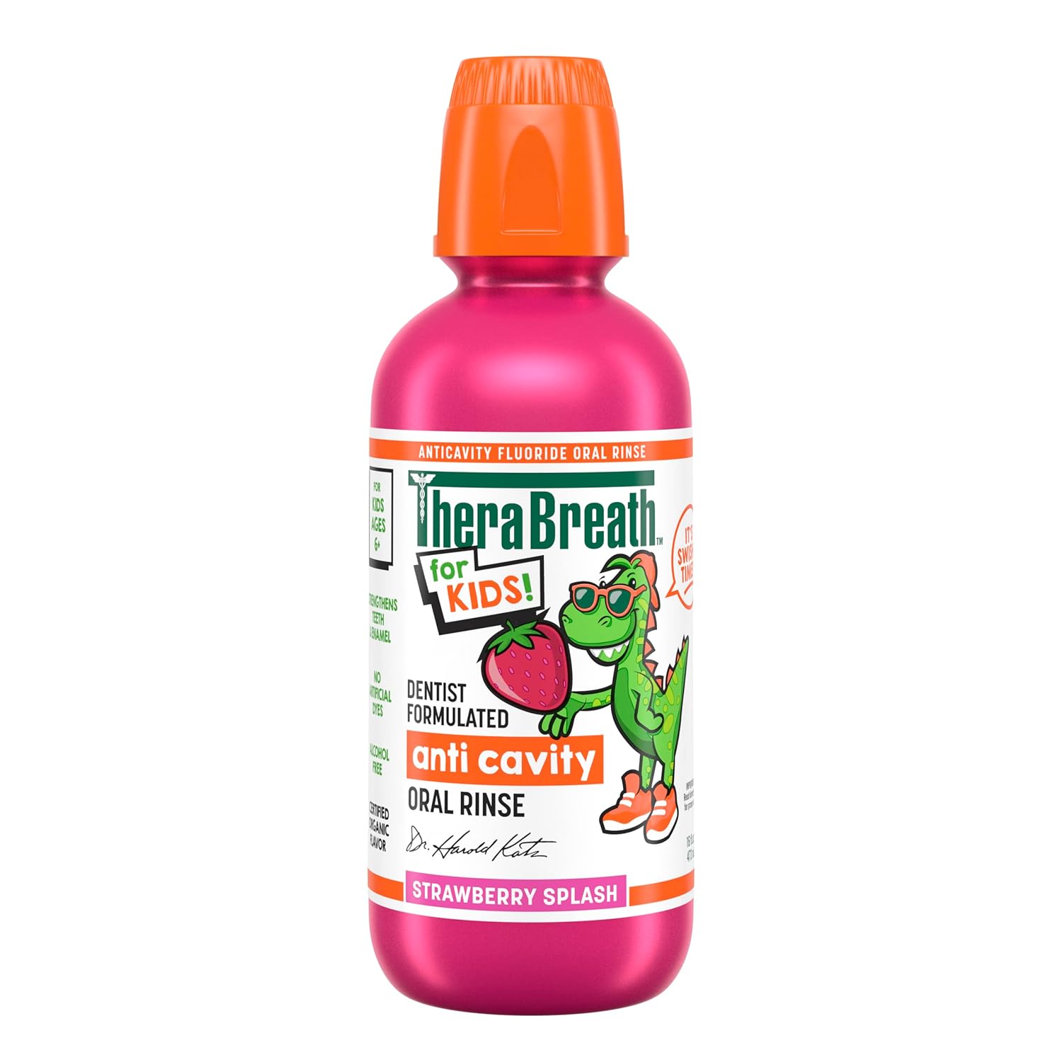 TheraBreath Kids Mouthwash with uoride, Organic Strawberry Splash, Anticavity, Dentist Formulated, 16