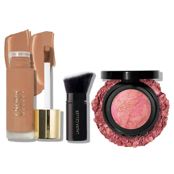 The Classic Matte Look - Liquid (3 PC) LAURA GELLER NEW YORK Double Take Liquid Foundation Tan, Retractable Kabuki Brush, Baked Blush-n-Brighten Pink Buttercream