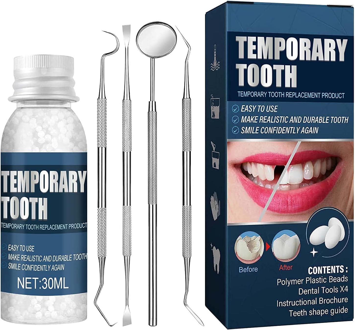 Tooth Repair Granules, Temporary Tooth Repair Kit Moldable Thermal Fitting Beads, Broken Teeth Filling Gaps Repair, Tooth Repair Missing Teeth, Retouching Tooth Hole (Kit)