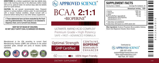 Approved Science BCAA Supplement - 60 Tablets - 2400mg - Increase Perf