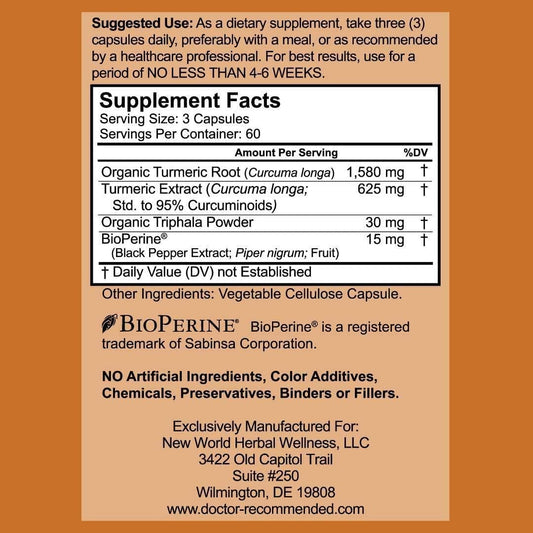 Turmeric Curcumin Supplement - 2250mg/d - Veggie Caps - 95% Curcuminoids with Black Pepper Extract (Bioperine) - 750mg Capsules - 100% Organic - Most Powerful Turmeric (180 Count)