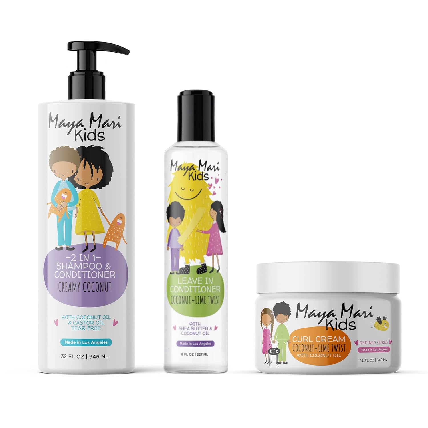 Maya Mari Gift Set with Must-Have Curly Hair Products for Kids | Includes 2 in 1 Kids Curly Hair Shampoo and Conditioner, Curl Cream, & Shea Butter Leave In Hair Detangler for Kids | Coconut & Lime Twist