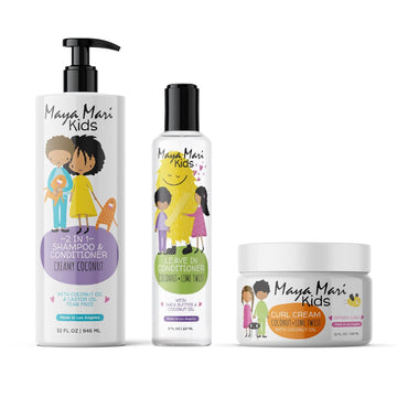 Maya Mari Gift Set with Must-Have Curly Hair Products for Kids | Includes 2 in 1 Kids Curly Hair Shampoo and Conditioner, Curl Cream, & Shea Butter Leave In Hair Detangler for Kids | Coconut & Lime Twist