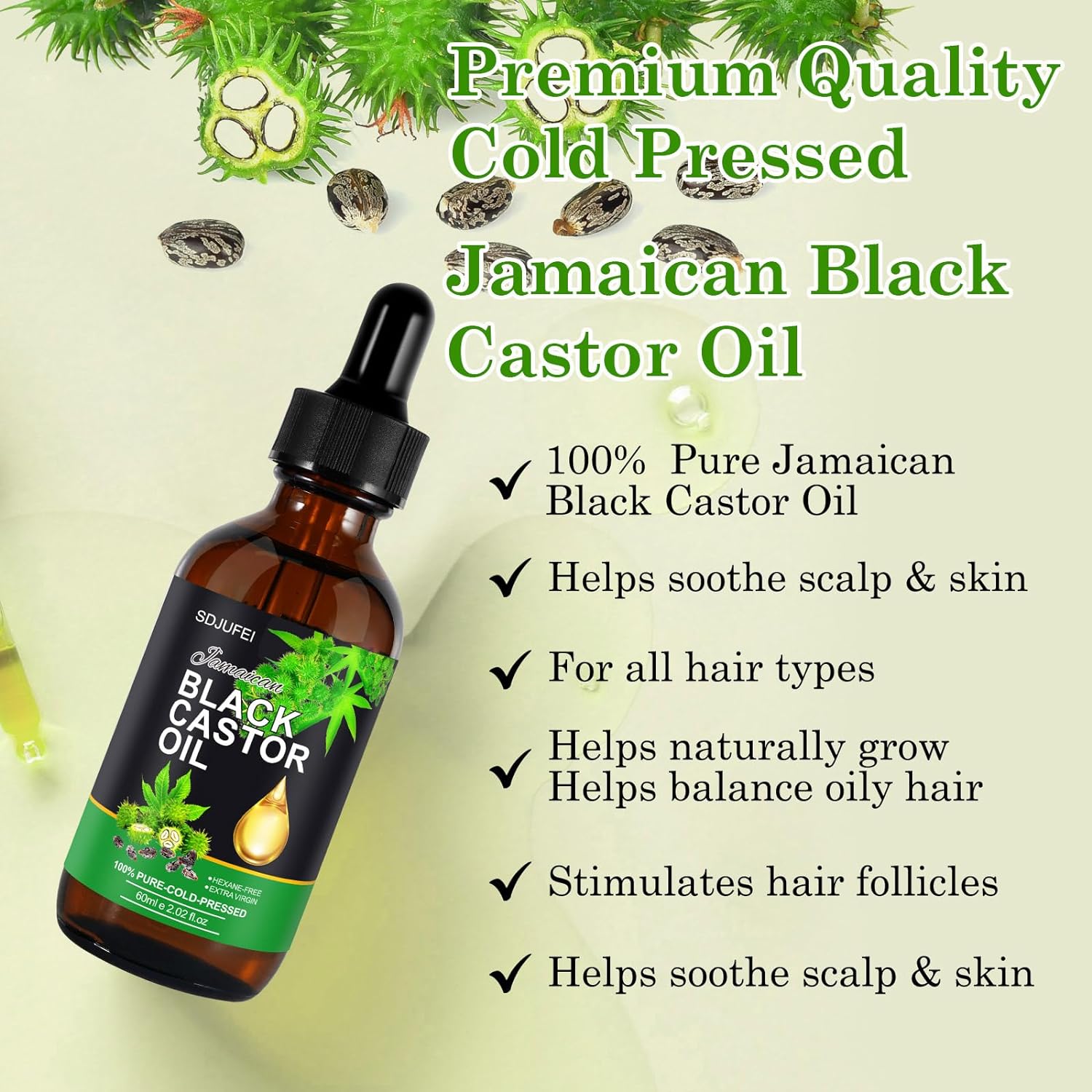  Black Castor Oil, (2.02 fl oz) Organic Castor Oil for Body,