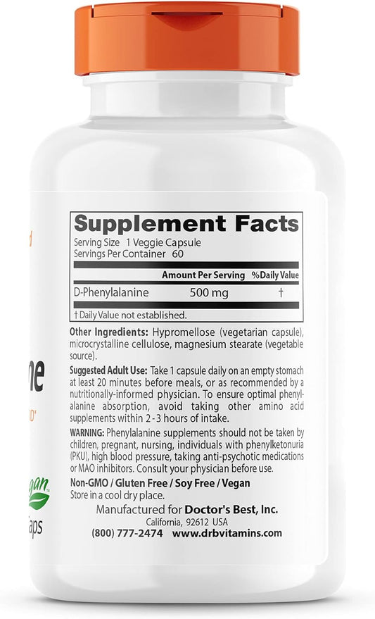 Doctor'S Best D-Phenylalanine, Supports Mood, Nervous System, Non-Gmo,