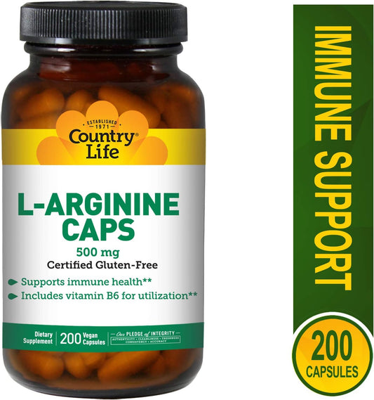 Country Life L-Arginine Caps with Vitamin B-6, 500mg, 200 Vegan Capsul