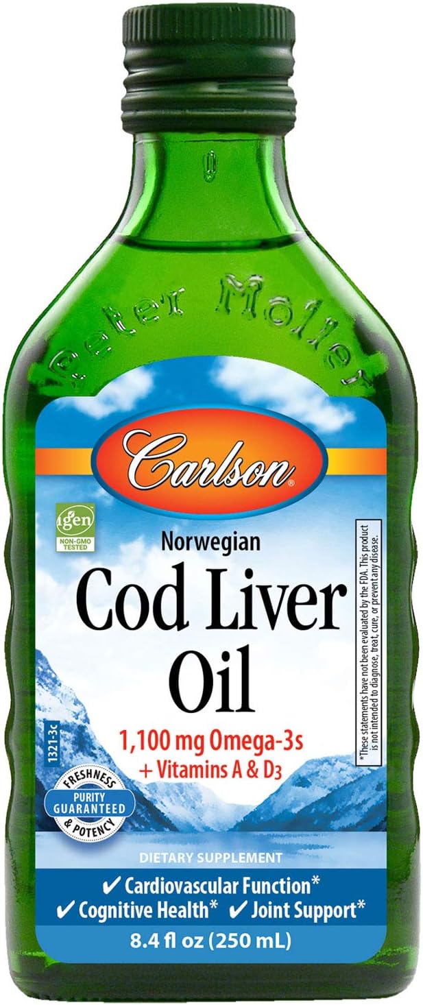 Carlson - Cod Liver Oil, 1100 mg Omega-3s, Plus Vitamins A and D3, Wild Caught Norwegian Arctic Cod Liver Oil, Sustainably Sourced Nordic Fish Oil Liq, Unavored, 250 mL (8.4  )