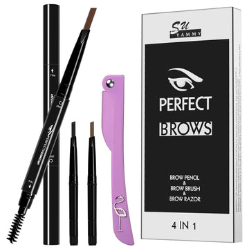 SU YAMMY 3 Shades Replaceable Eyebrow Pencil Set – Dual Ended Brow Pencil with Retractable Triangle Tip and Spoolie Brush, Waterproof Black & Light Brown & Dark Brown Replaceable Refills + 1 Eyebrow Razor