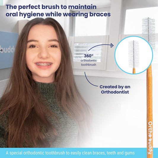 Ortho-buddy Orthodontic Toothbrush for Braces, Nylon Bristle Toothbrush for Teens & Adults with Braces, Brackets, and Wires for Regular & Interdental Cleaning of Teeth & Gums - Brown, Pack of 1