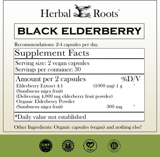 Herbal Roots Black Elderberry Capsules | Max Strength 4,300mg | Made w