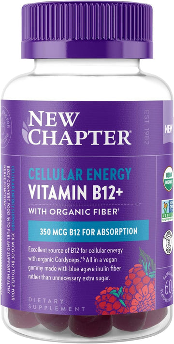 New Chapter Organic Vitamin B12+ Gummies  44% Less Sugar, Usda Organic Vegan B12, Two Daily Gummies For Cellular Energy Support With Cordyceps, Non-Gmo, Gluten Free, Raspberry Avored, 60Ct