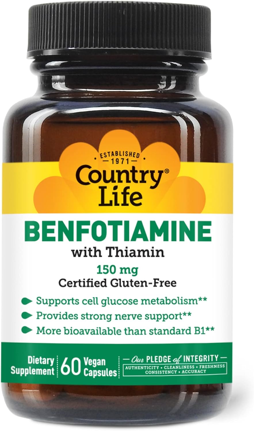 Country Life Benfotiamine With Thiamin, Nerve Health Support, 150Mg, 60 Vegetarian Capsules, Certified Gluten Free, Cert