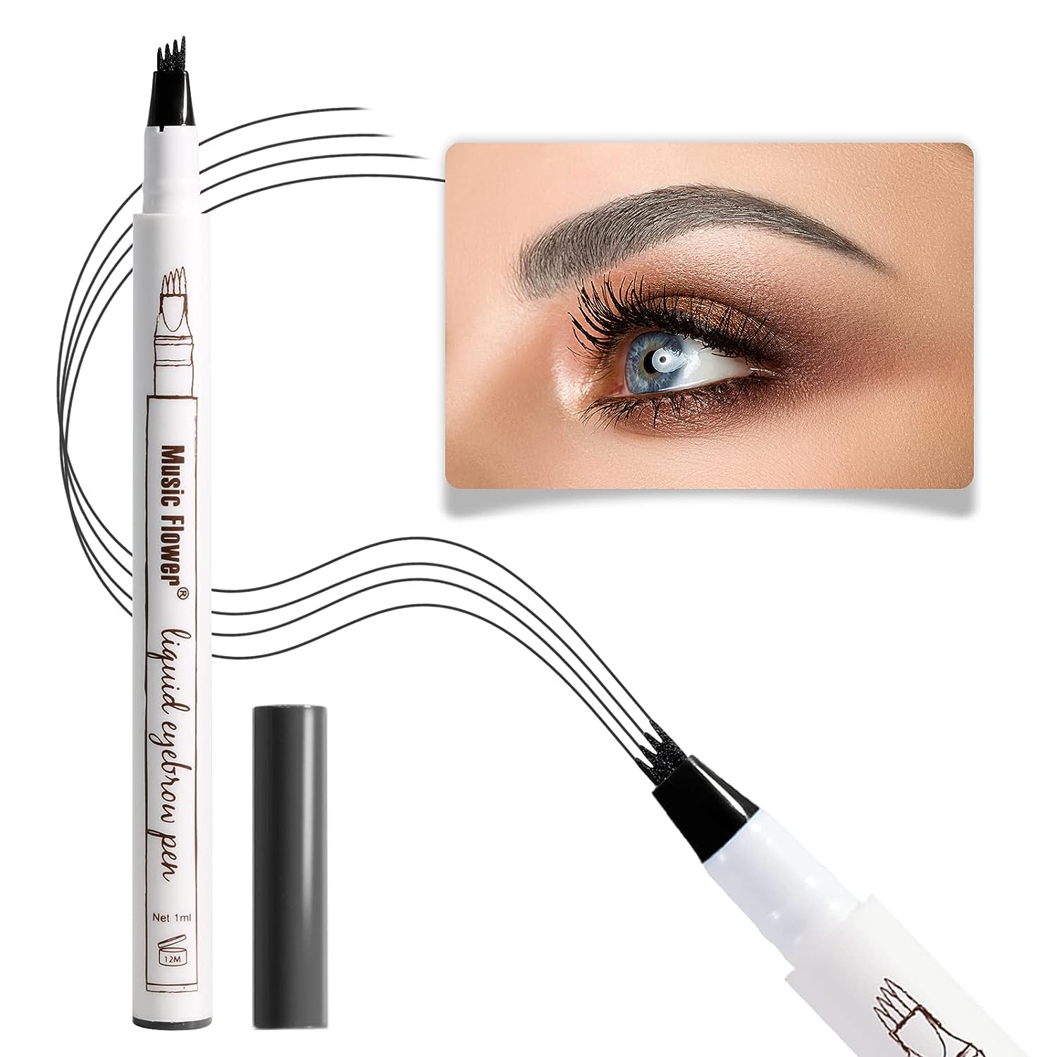 Music ower Eyebrow Pen, Liquid Eyebrow Pen, Waterproof Brow Pencil with Micro-Fork Tip, Smudgeproof Long Lasting Fine Sketch Microblading Pen, Dark grey