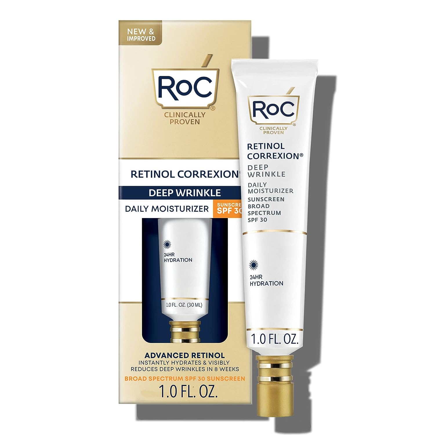 RoC Retinol Correxion Deep Wrinkle Daily Face Moisturizer with Sunscreen SPF 30, Skin Care Treatment for Fine Lines, Dark Spots, Post-Acne Scars, 1