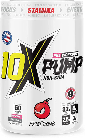 10X Athletic Non Stim Pre Workout No Caffeine Beta Alanine Creatine Su735 Grams