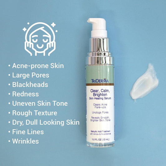 TriDerma Clear, Calm, Brighten Skin Serum with 2% Salicylic Acid and Niacinamide Reveals Smoother, Brighter, More Even Skin, Clears Acne Blemishes, Blackheads and Unclogs Pores, 1