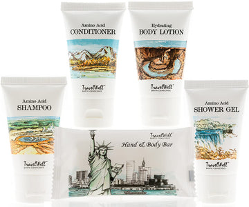 Travelwell Landscape Series Hotel Toiletries Amenities Travel Size Massage Cleaning Soaps In Bulk 1.0/28g,30ml Shampoo, Conditioner,Body Lotion, Body Wash, Individually Wrapped 25 Set