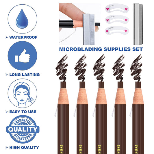 QIUFSSE Waterproof Eyebrow Pencil Dark Brown Brow Pencil Set For Marking,Filling and Outlining,Eyebrow Tattoo Makeup Microblading Supplies Kit,5Pcs Microblading Eyebrow Pen with Eyebrow Stencil Eyebrow Tool