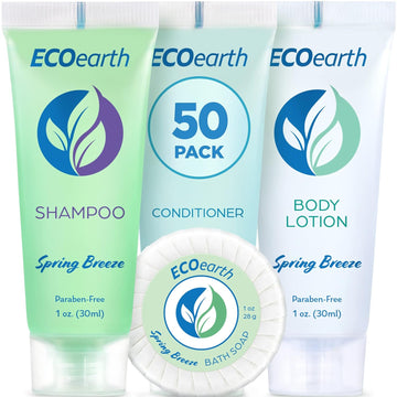 EcoEarth Hotel Toiletries Bundle (Spring Breeze, 1  each, 200 Pieces) 4-Piece Set: 50 Round Bar Soap, 50 Shampoo, 50 Conditioner & 50 Body Lotion - Bulk Mini Guest Amenities