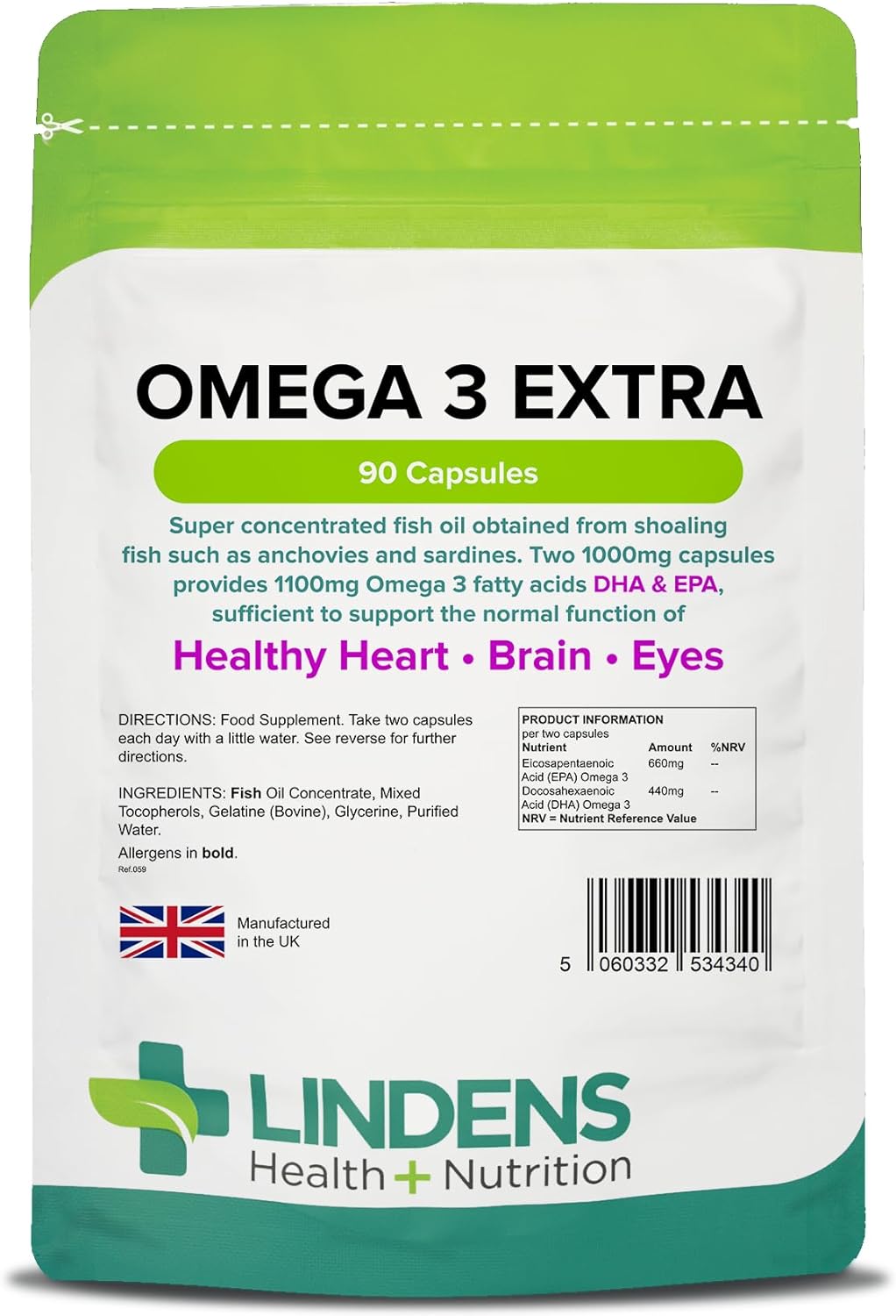 Lindens Omega 3 Extra Fish Oil 1000mg Capsules - 90 Pack - 1100mg Omeg120 Grams